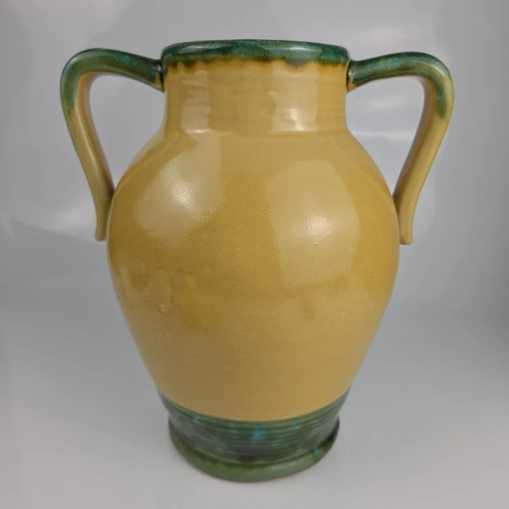 Pacific Rim Ceramic Amphora Vase Grape Leaf Relief Yellow Green Two Handle Large